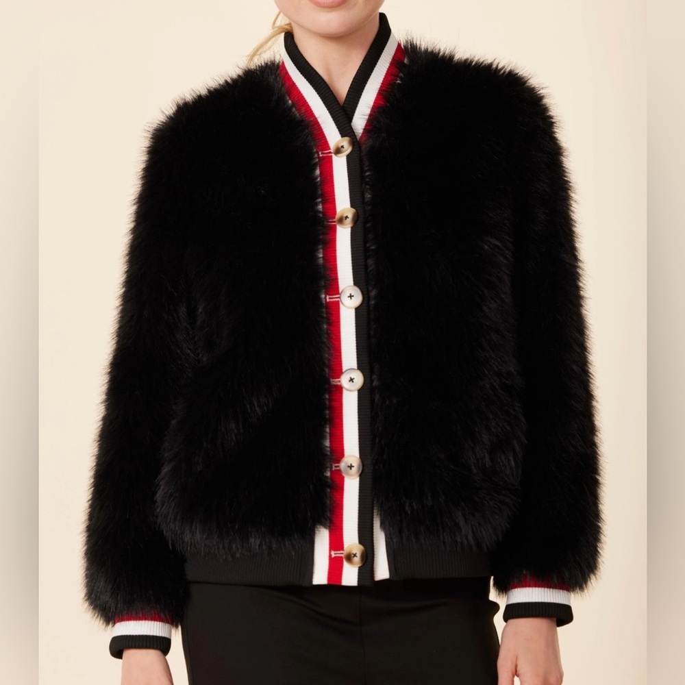 NWT Dolce Cabo Faux Fur Racer Stripe Jacket women’s XS